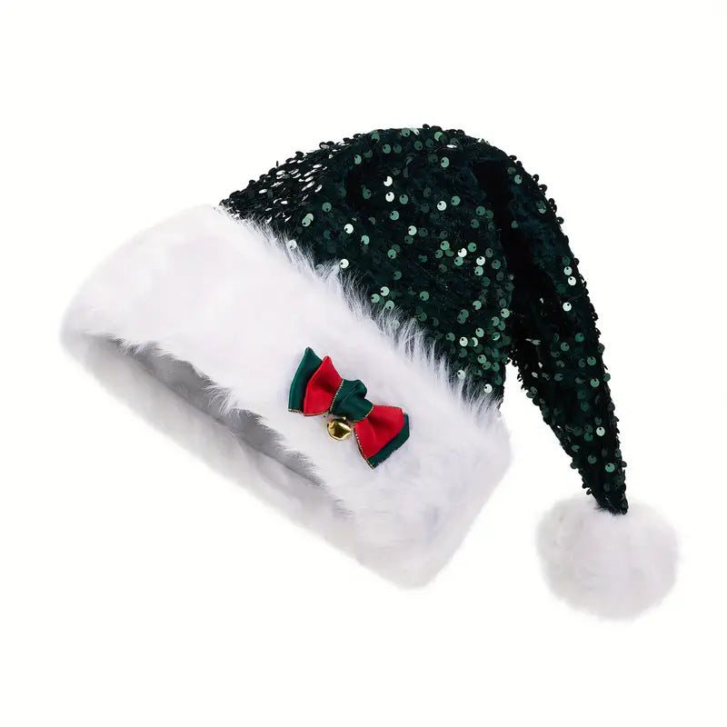 Christmas Hat With Red Sequins And Bow Design Warm Plush Decorative Hat, Christmas Enlarged And Thickened Long Haired Hat