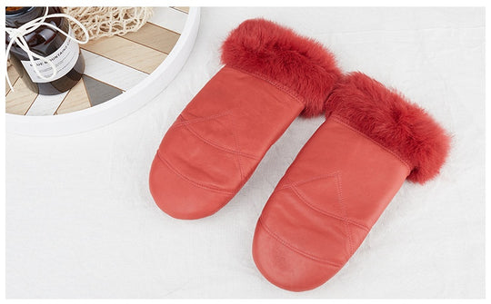 Leather Mittens Women's Winter Thickened Casual Warm Cycling Leather Gloves