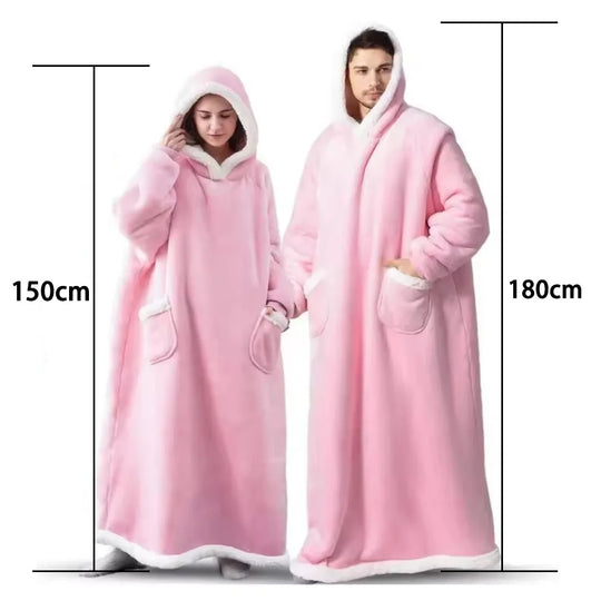 150cm Super Long Flannel Blanket Cold-proof Nightgown Pyjamas Sleeves Winter Hoodies Sweatshirt Women Men Pullover Fleece Giant