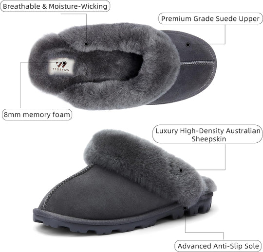 Indulge in Comfort: Women's Genuine Australian Sheepskin Slippers with 8mm Memory Foam and Durable Hard Bottom